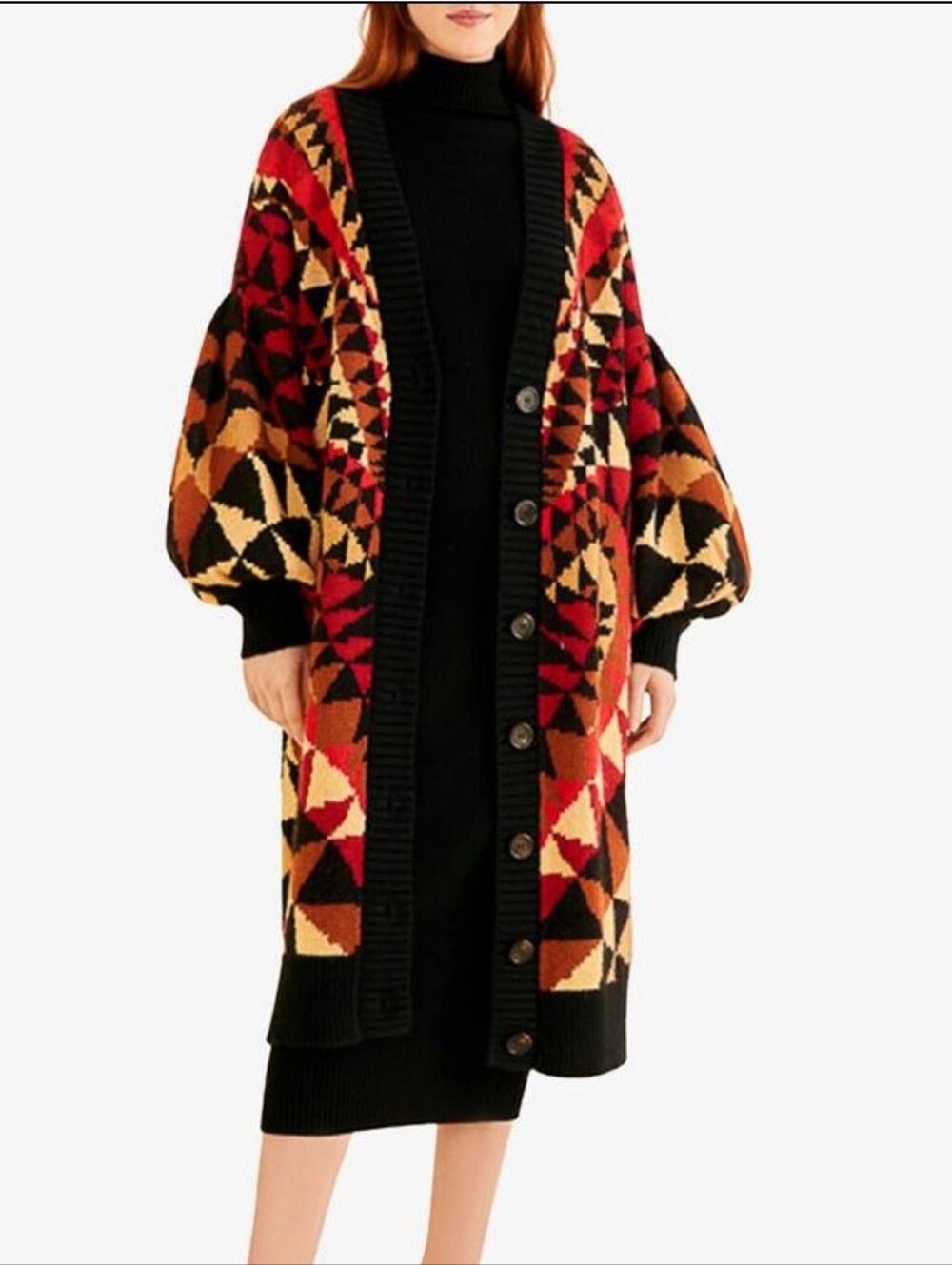 Farm Rio Heart Deco Maxi Knit Cardigan In Black Colorway Size Smallj